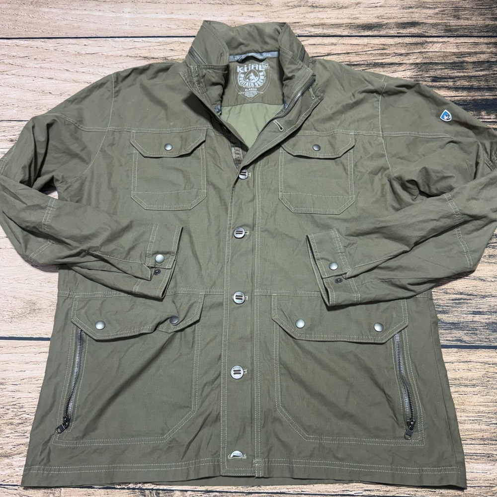 KUHL Field Jacket Mens XL Green Stowaway Hood Utility Multi Pocket Coat